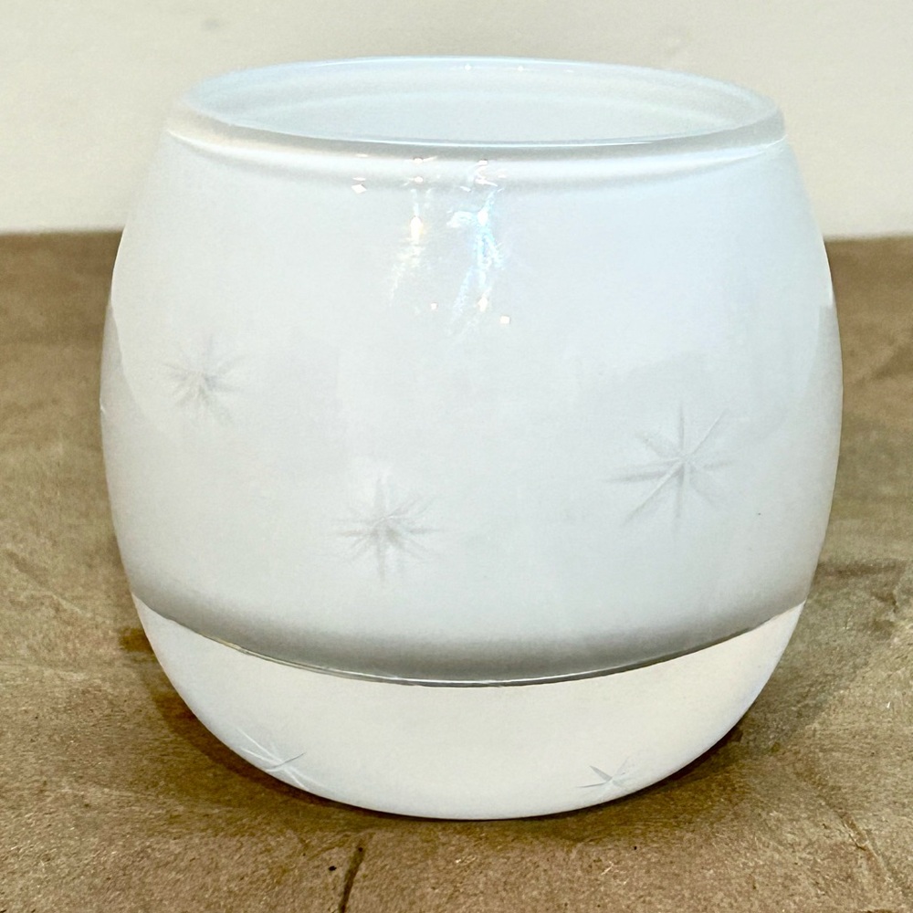 Vtg Handblown Glass Votive Candle Holder White Cased Etched Poland